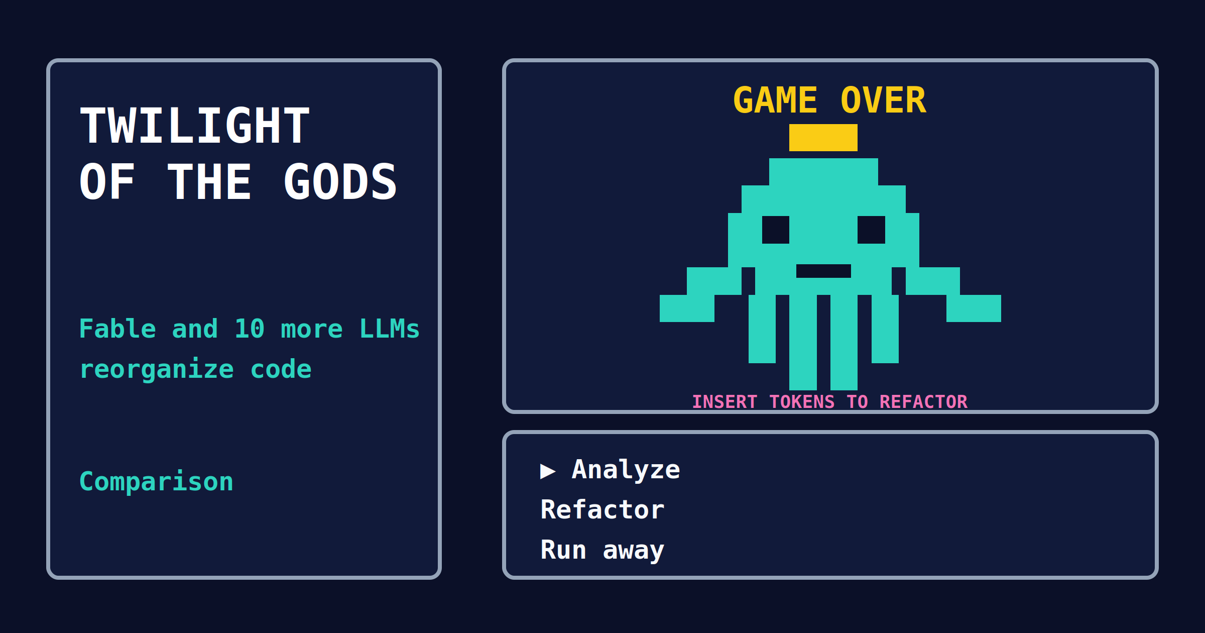 Twilight of the Gods Medium cover with a retro GAME OVER refactoring screen